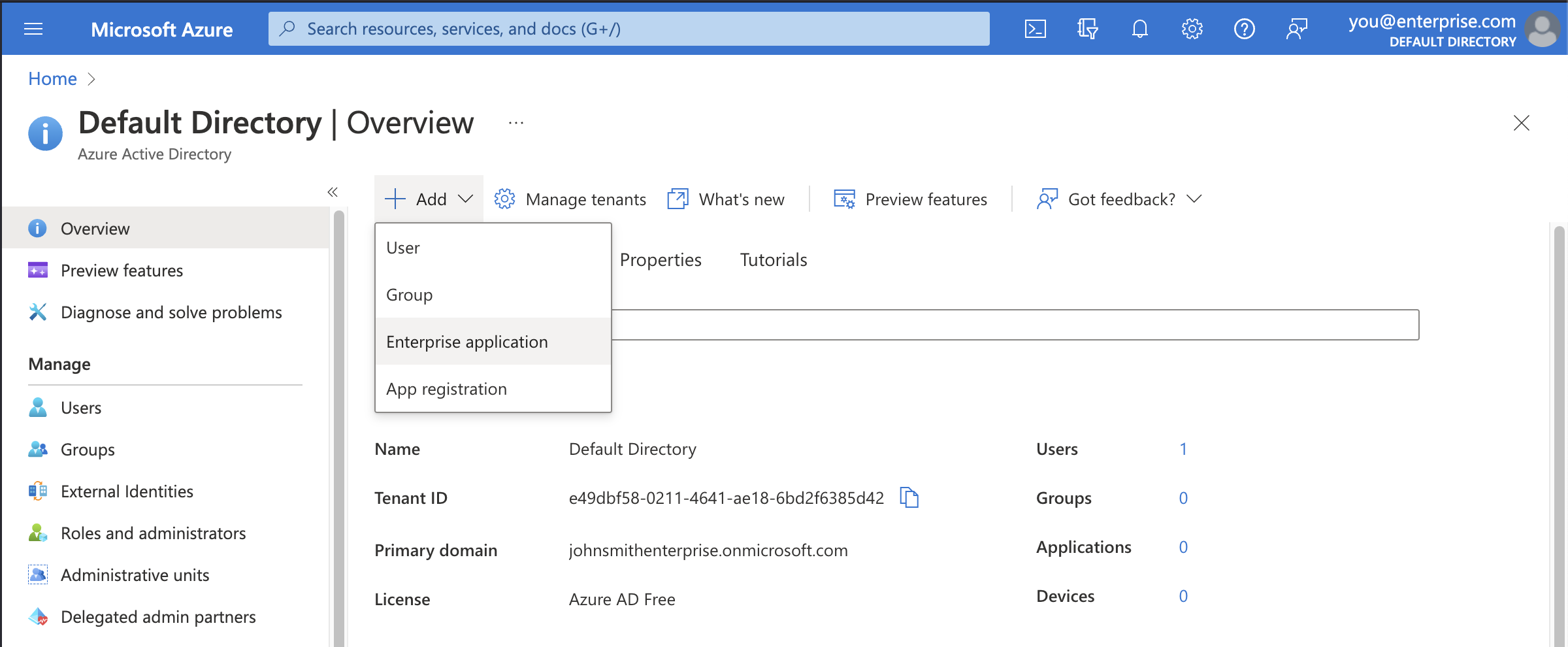 Azure AD控制台：默认目录概览