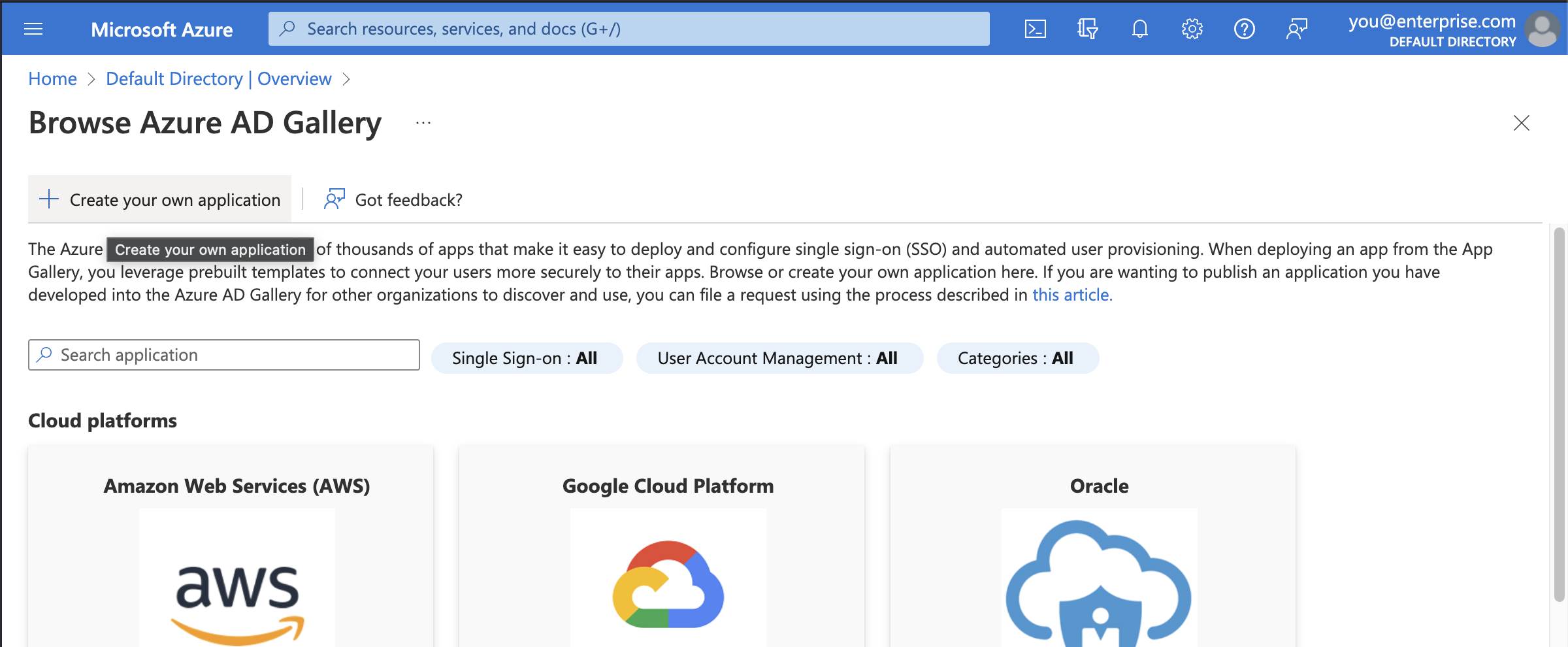 Azure AD控制台：浏览Azure AD库，选择：创建自己的应用程序