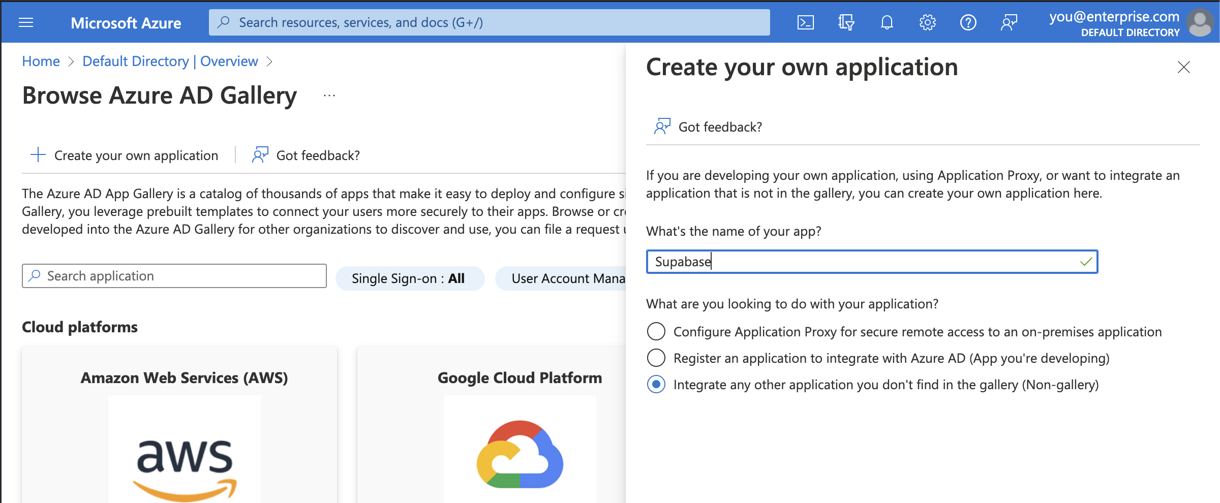 Azure AD控制台：创建您自己的应用程序模态框