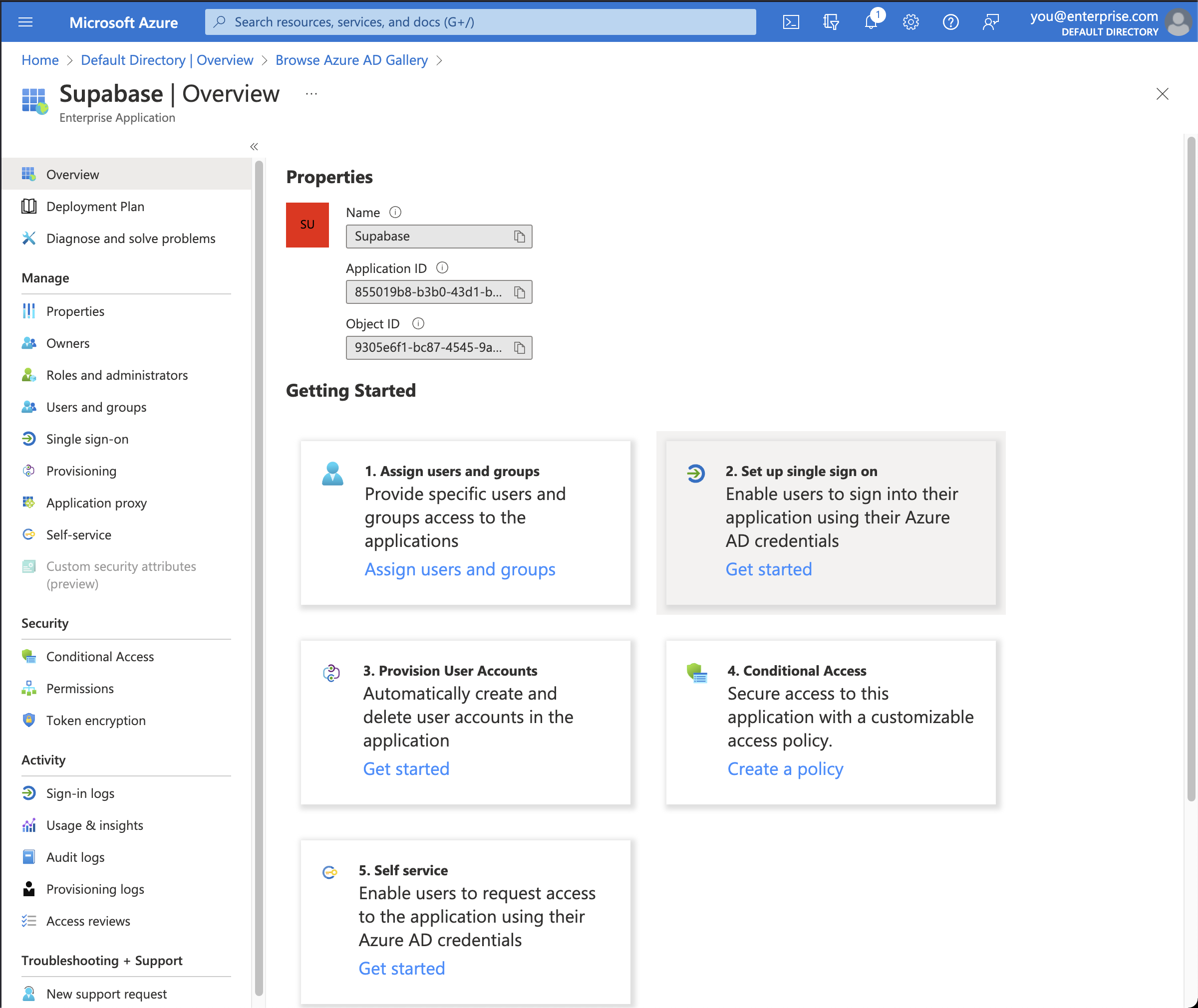 Azure AD控制台：Supabase自定义企业应用，已选择"设置单点登录"