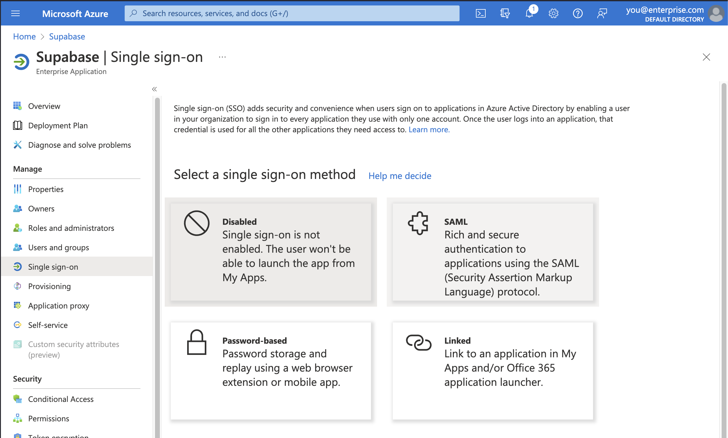 Azure AD控制台：Supabase应用程序，单点登录配置界面，已选择SAML