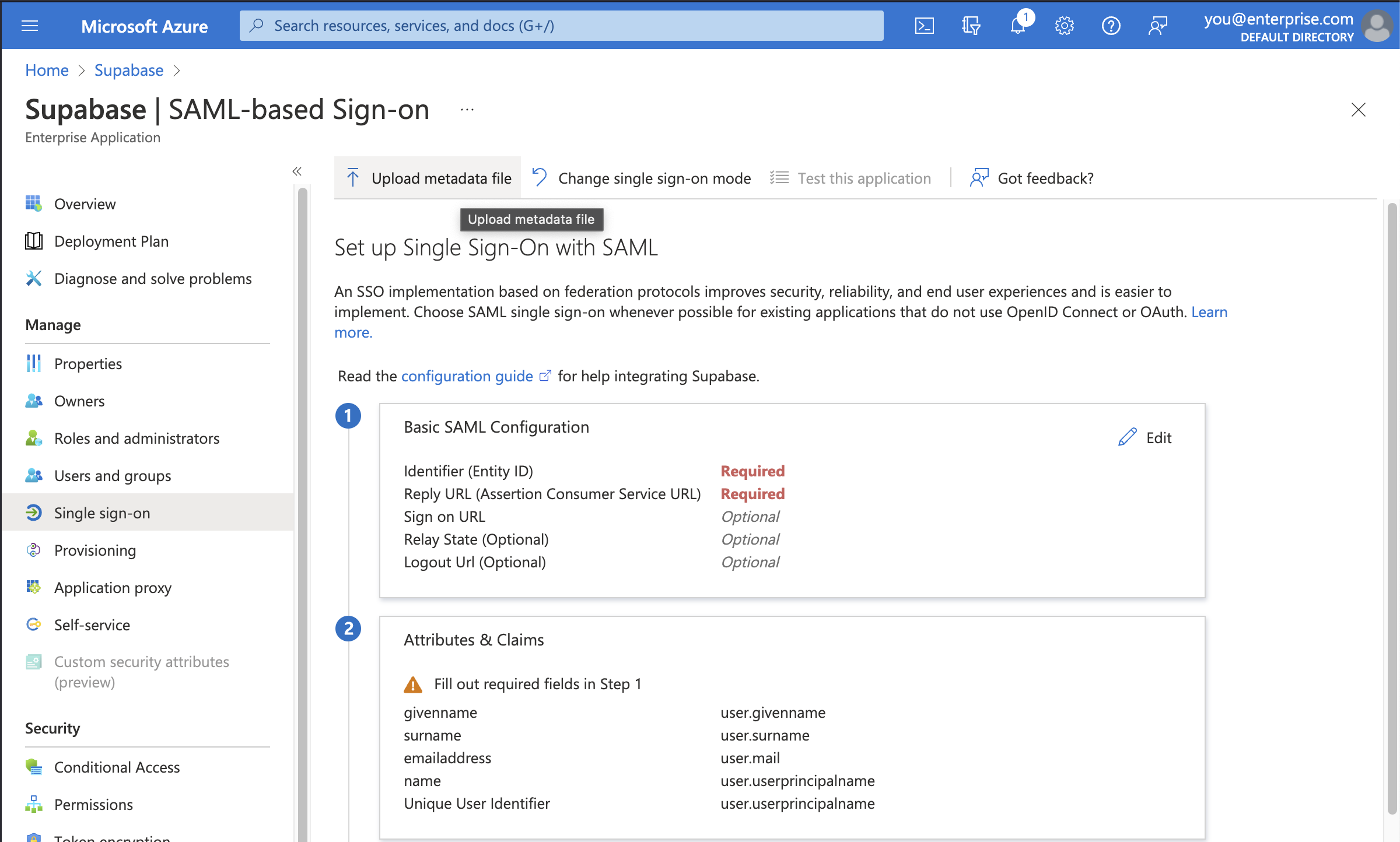 Azure AD控制台：Supabase应用，基于SAML的登录界面，已选择上传元数据文件按钮