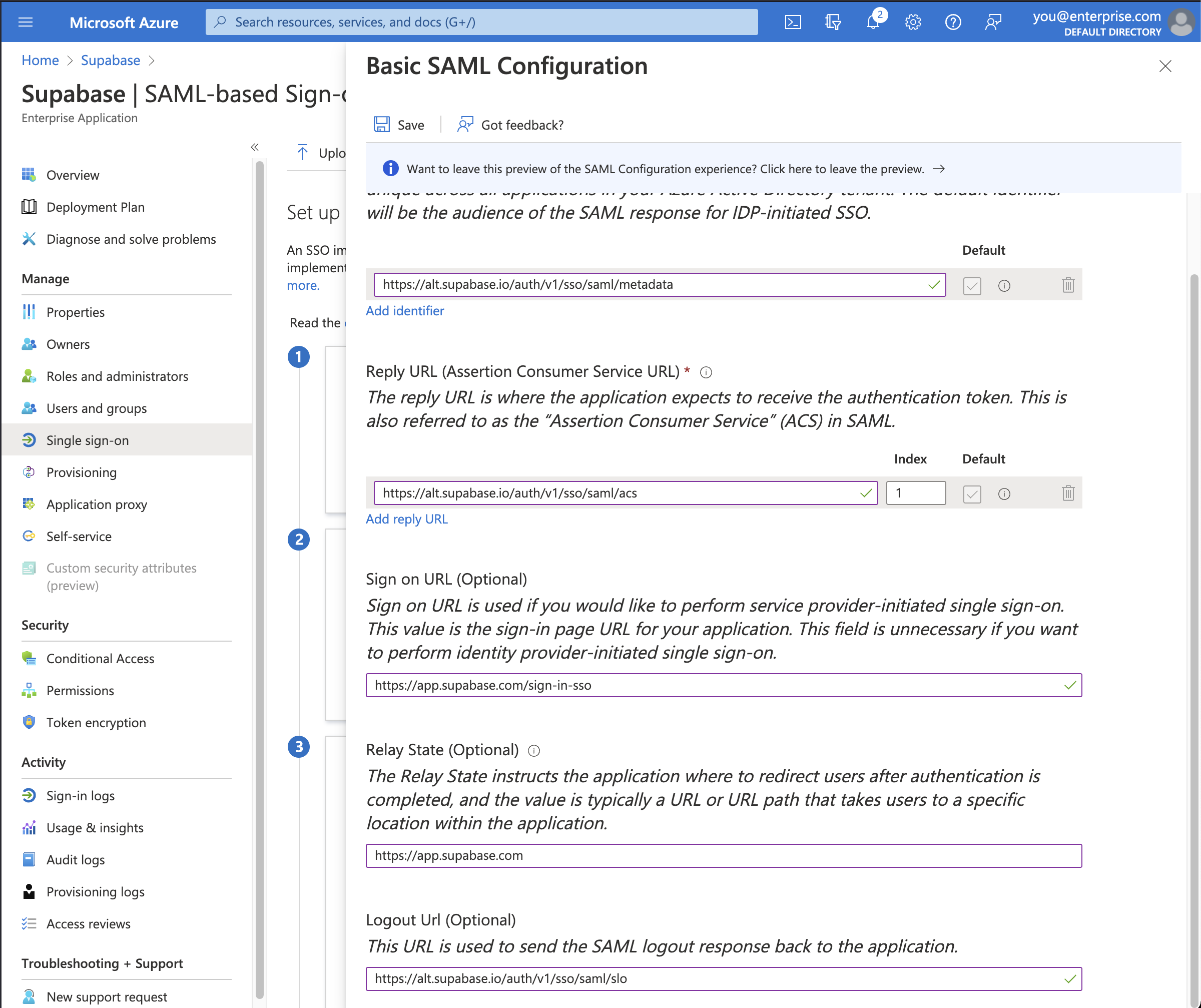 Azure AD控制台：Supabase应用，基于SAML的登录界面，显示基本SAML配置