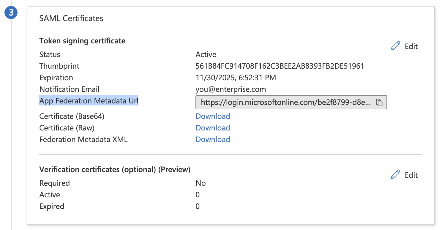 Azure AD 控制台：Supabase 应用界面，显示 SAML 证书卡片，突出显示应用联合元数据 URL