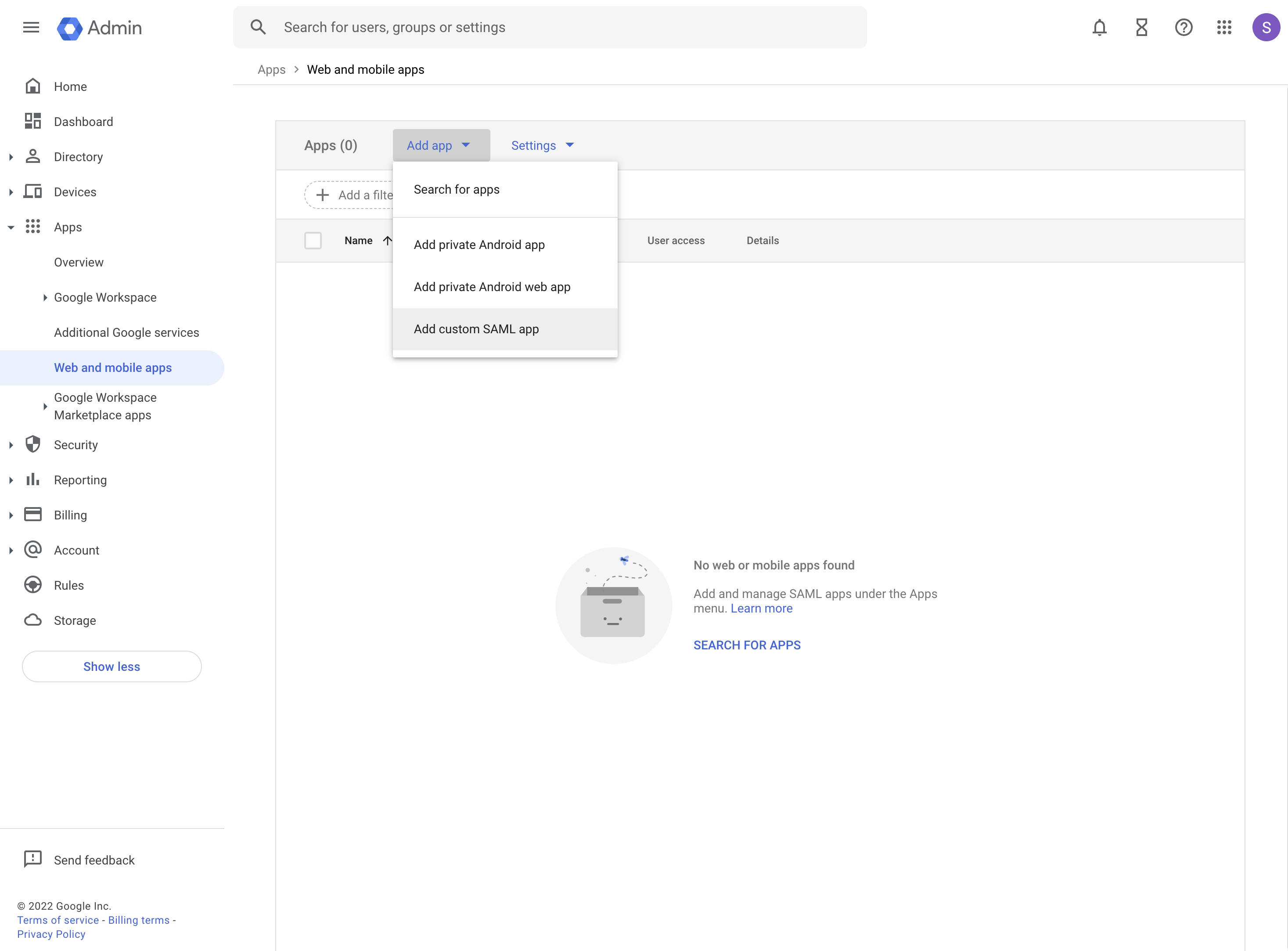 Google Workspace: 网页和移动应用管理控制台，选择添加自定义SAML应用