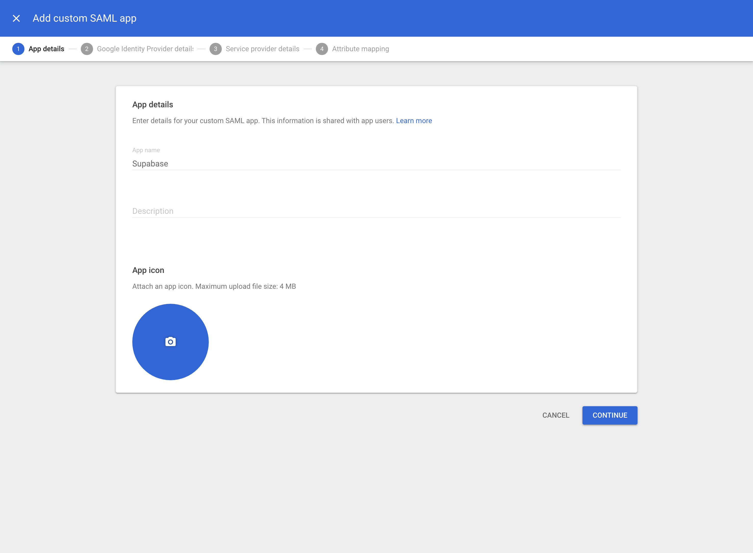 Google Workspace: 网页和移动应用管理控制台，添加自定义SAML应用，应用详情界面