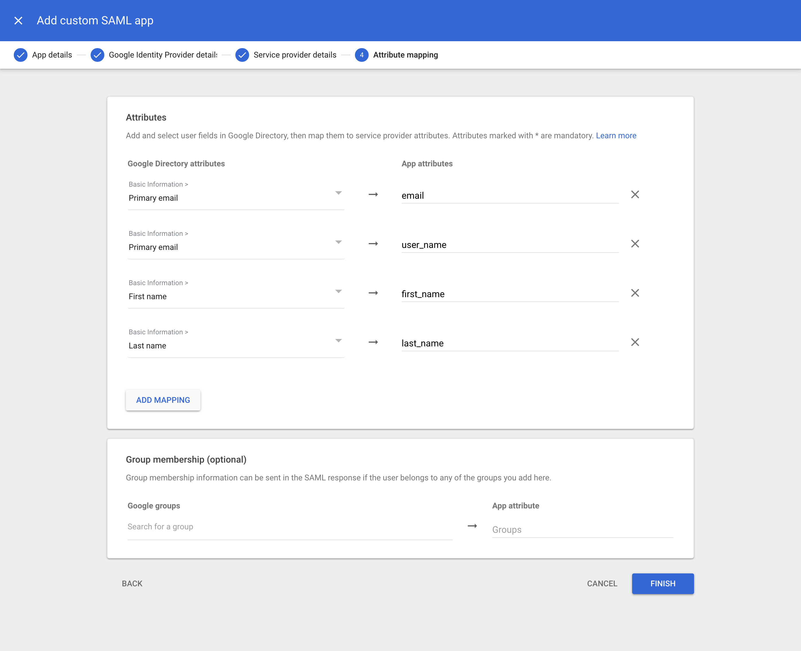 Google Workspace: 网页和移动应用管理控制台，添加自定义SAML，属性映射