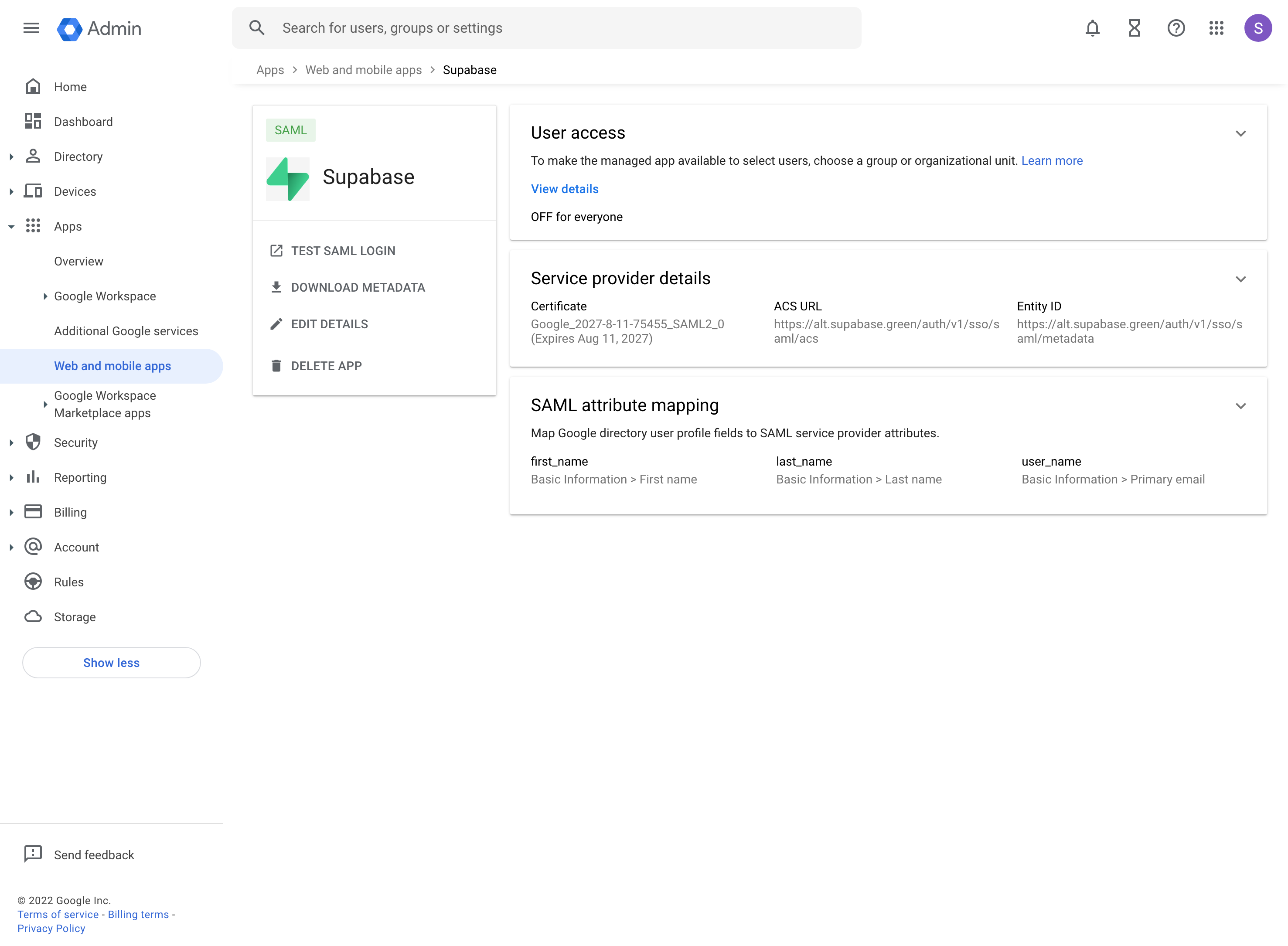 Google Workspace: 网页和移动应用管理控制台，Supabase应用界面